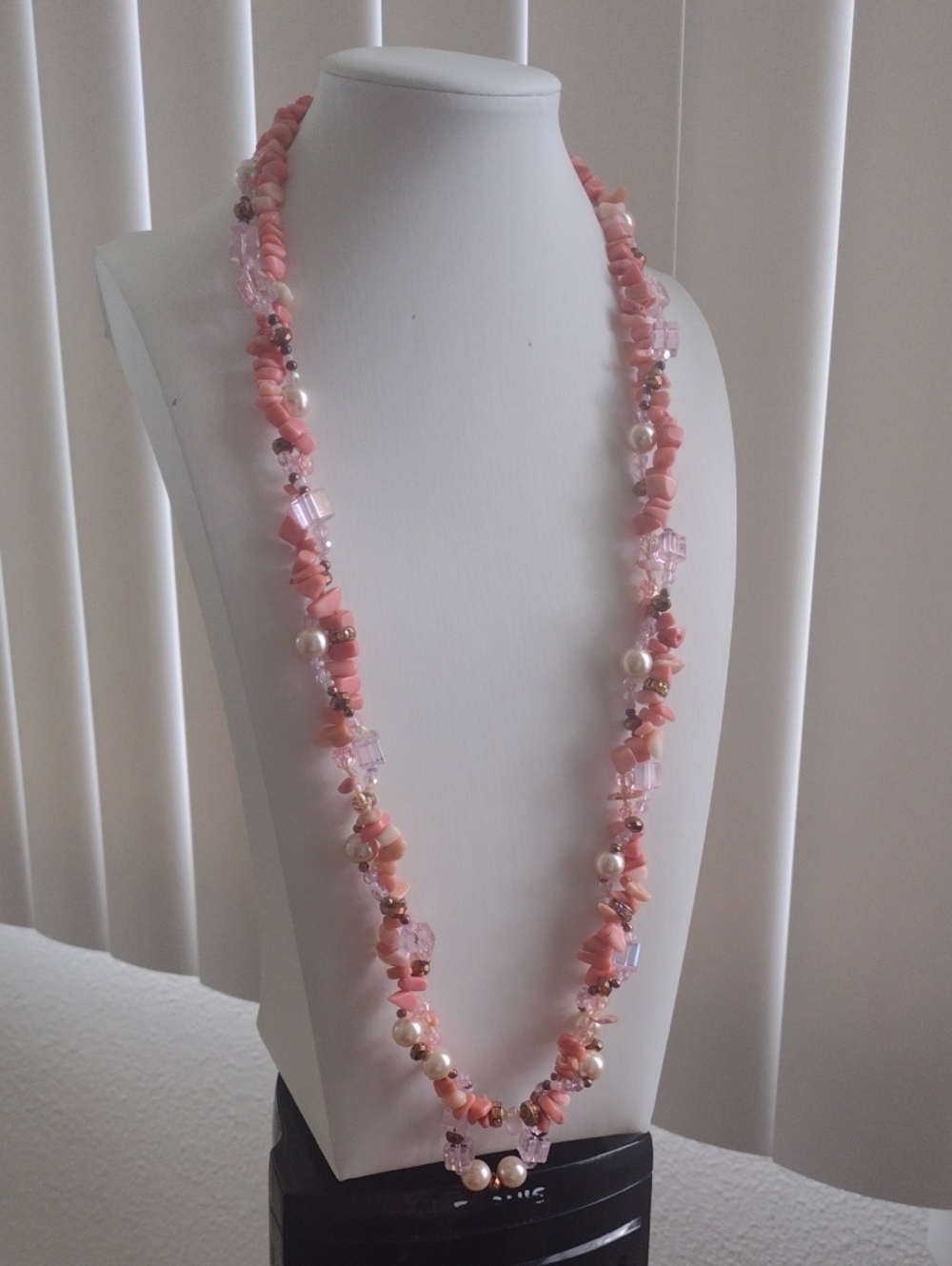 Long Pink 2 Strand Beaded Necklace with Pearl Accents